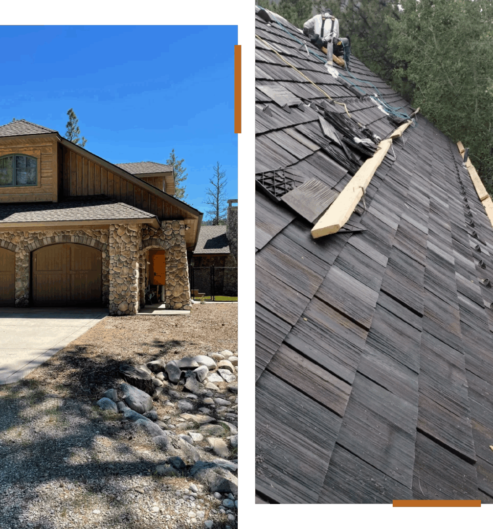 Frame 57 House with stone facade and shingle roof.